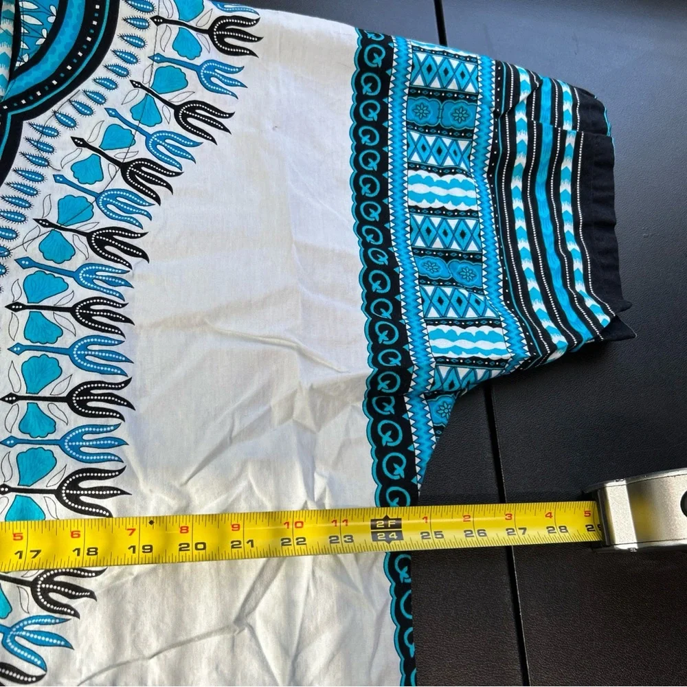 RaanPahMaung Unisex Large Dashki Blue White Pockets Cotton Tribal Short Sleeve‎